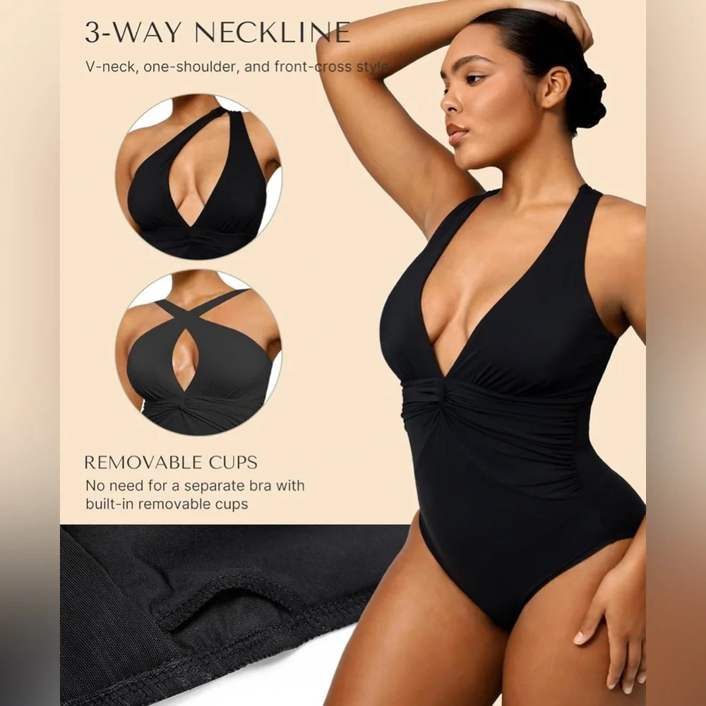 SHAPELLX Women's One Piece Swimsuit Tummy Control Ruched Full Coverage V Neck - Picture 4 of 9
